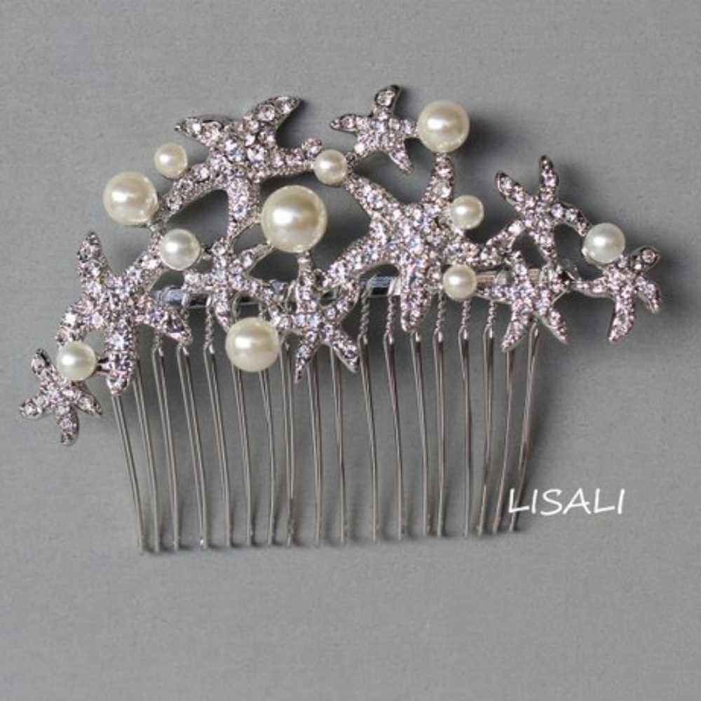 Swarovski crystal pearl starfish bridal hair comb